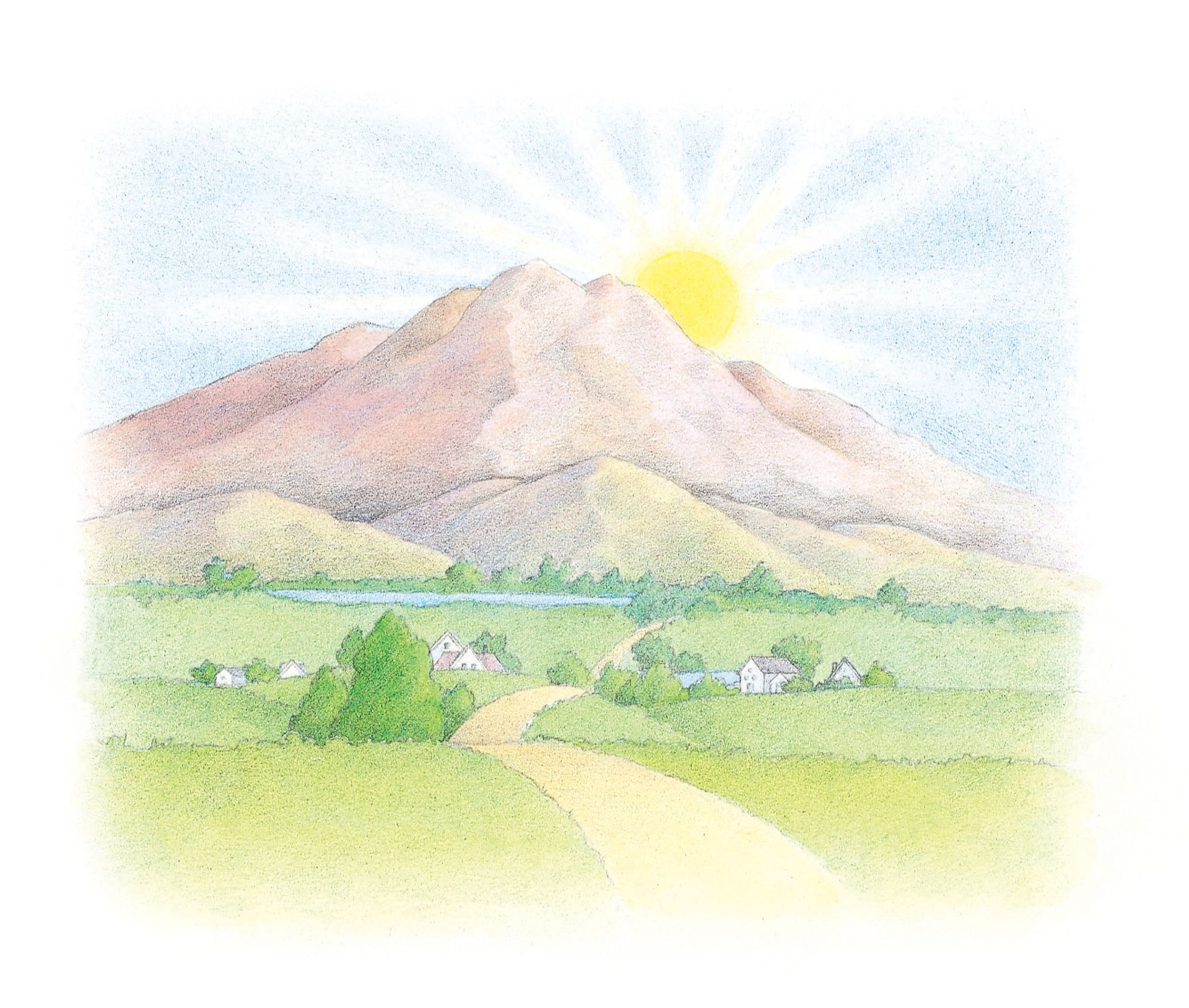 The sun rising over a mountain beyond a field. From the Children’s Songbook, page 132, “The Thirteenth Article of Faith”; watercolor illustration by Beth Whittaker.