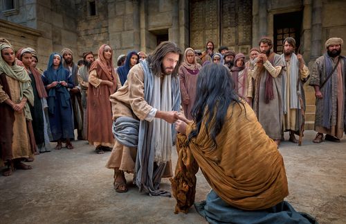 Jesus taking hand of woman