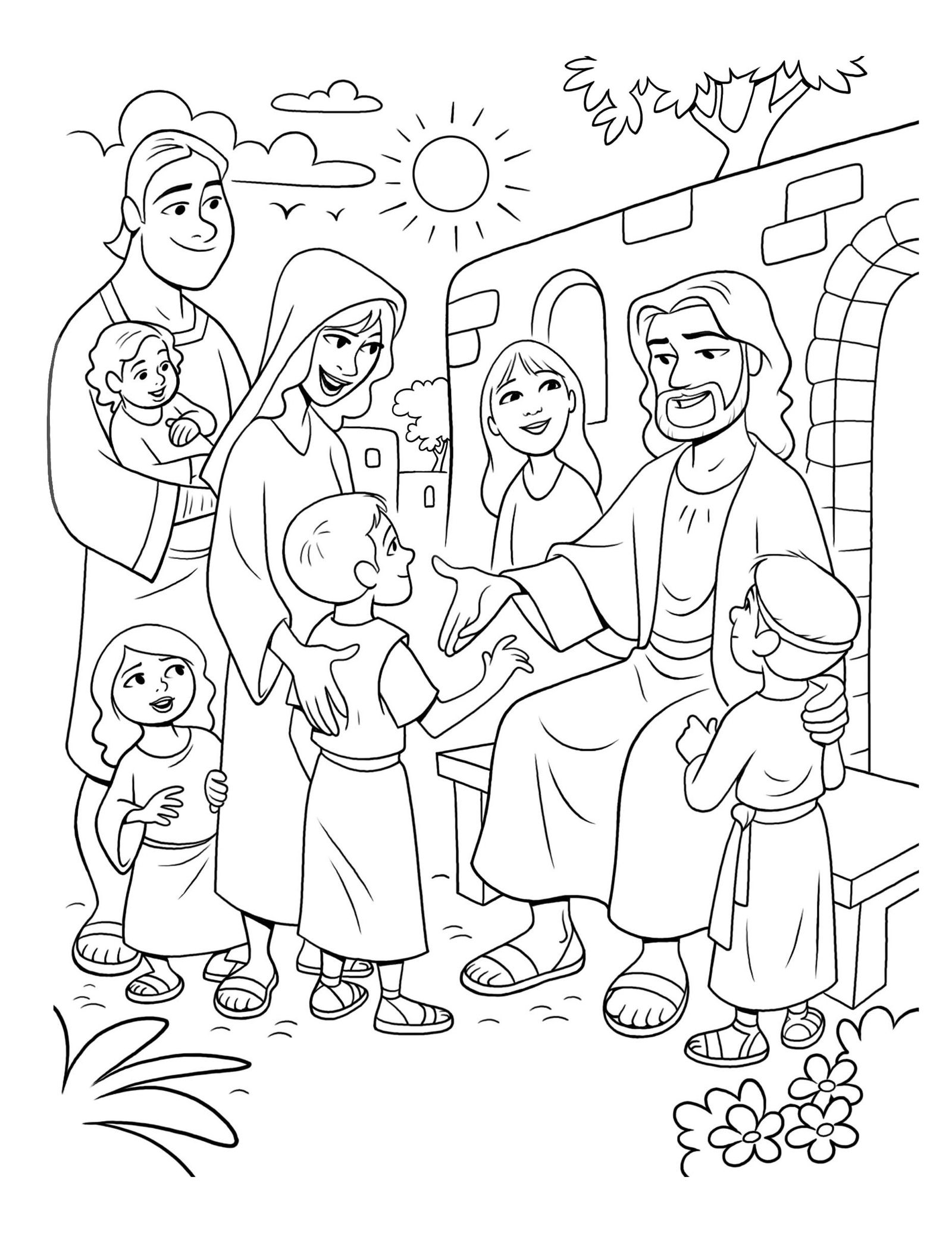Christ sits and meets with children.