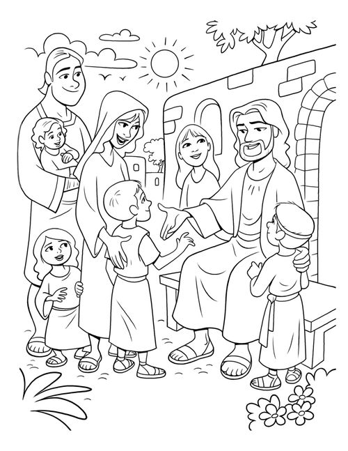 An illustration of Christ sitting on a bench and greeting five children with their parents standing behind them.