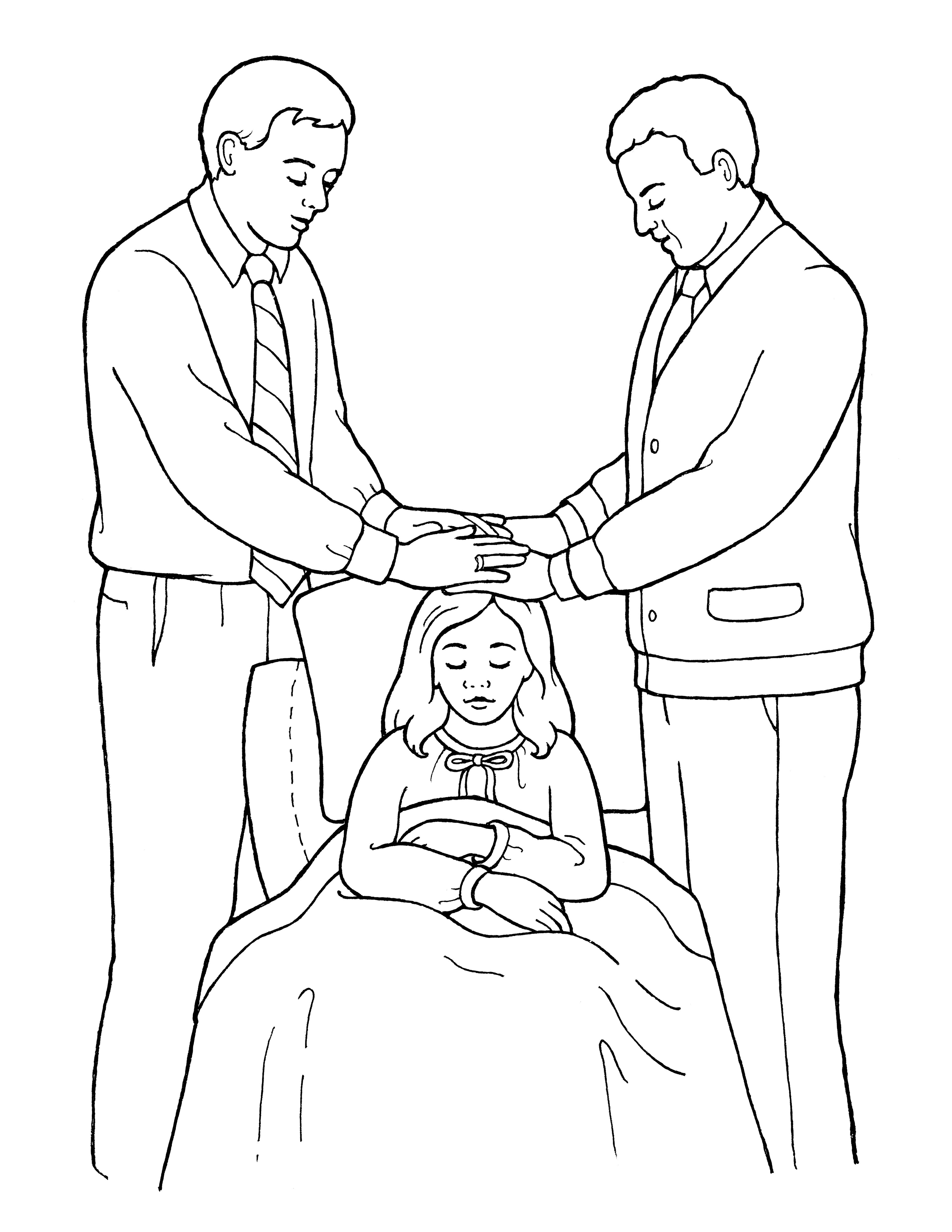 An illustration of two men blessing a sick girl, from the nursery manual Behold Your Little Ones (2008), page 119.