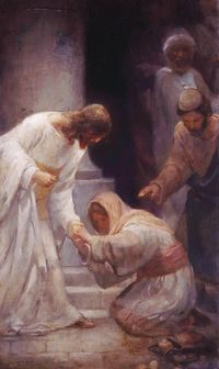 J. Kirk Richards painting of the Savior helping lift a woman.