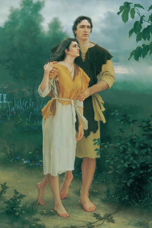 Adam and Eve walking together after leaving the Garden of Eden. There are storm clouds in the sky, and plant growth along the path they are walking. There is a waterfall in the background.