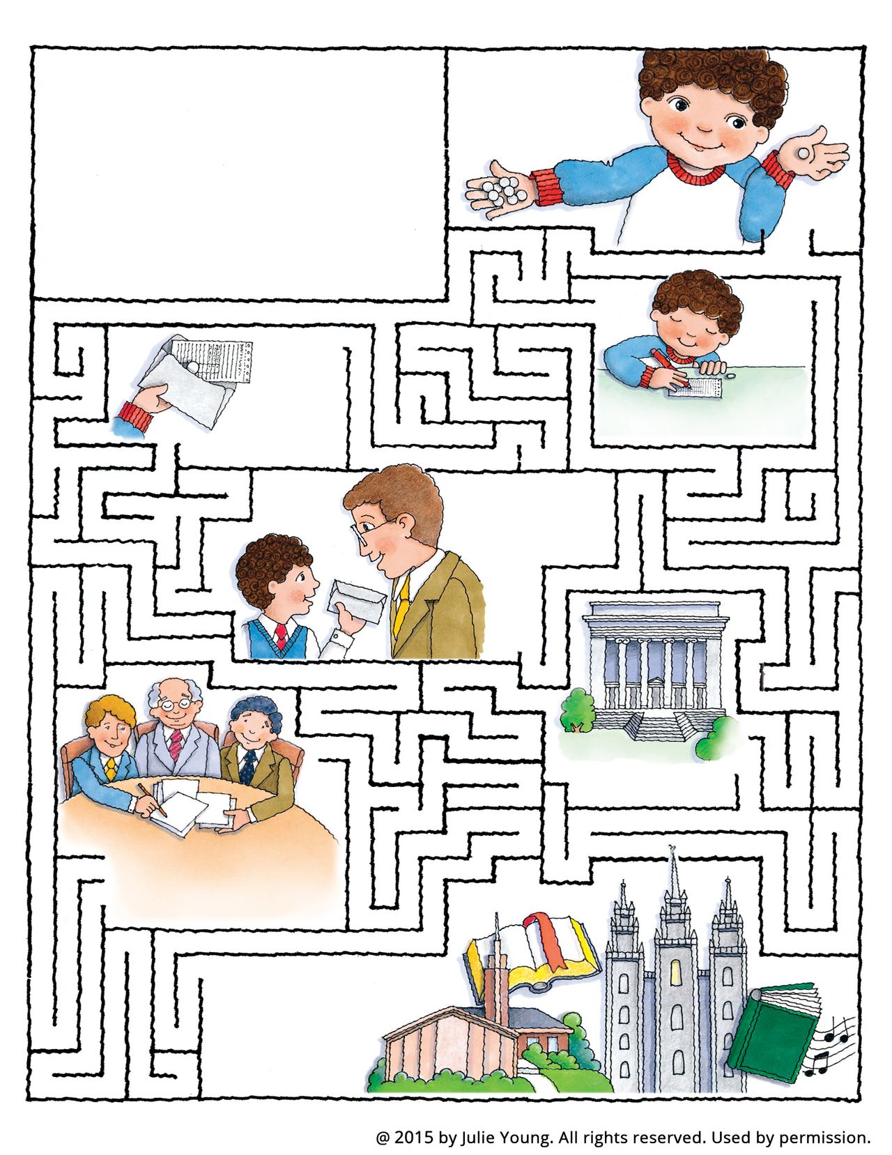 A maze with a young boy filling out tithing, which leads to a church and temple.