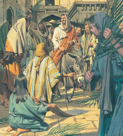 Jesus rides into Jerusalem on a donkey and is greeted by people waving branches of palm trees - ch.44-3