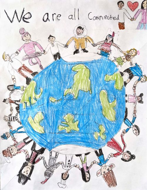 Child’s drawing of children holding hands around the globe