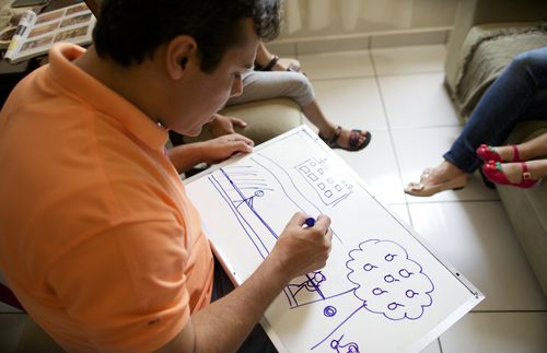 Young family in Brazil read together, parents teach children with drawings, they sing together, mother reading, father holding up chart etc.