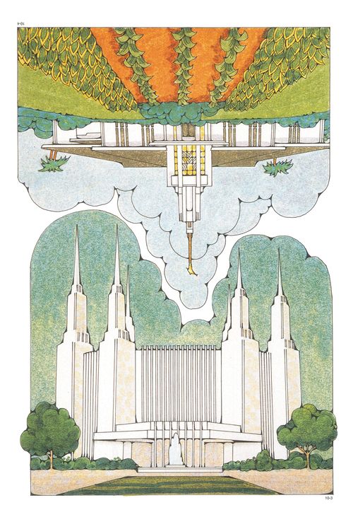 Two Primary cutouts of the Washington D.C. Temple with a clear blue sky and the Apia Samoa Temple with a green and orange landscape.
