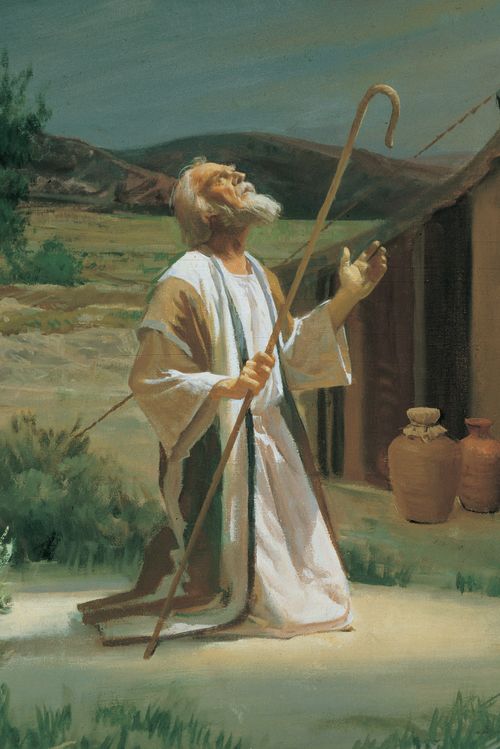 The Old Testament prophet Abraham kneeling in prayer. Abraham is holding a staff in one hand and is looking toward the heavens as he prays. Sarah, the wife of Abraham, is depicted watching and with a look of humor on her face, from a tent portrayed in the background. Abraham and Sarah are depicted as elderly people.