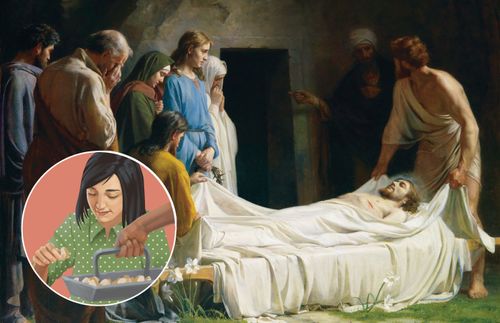 burial of Jesus, with inset illustration of girl partaking of sacrament