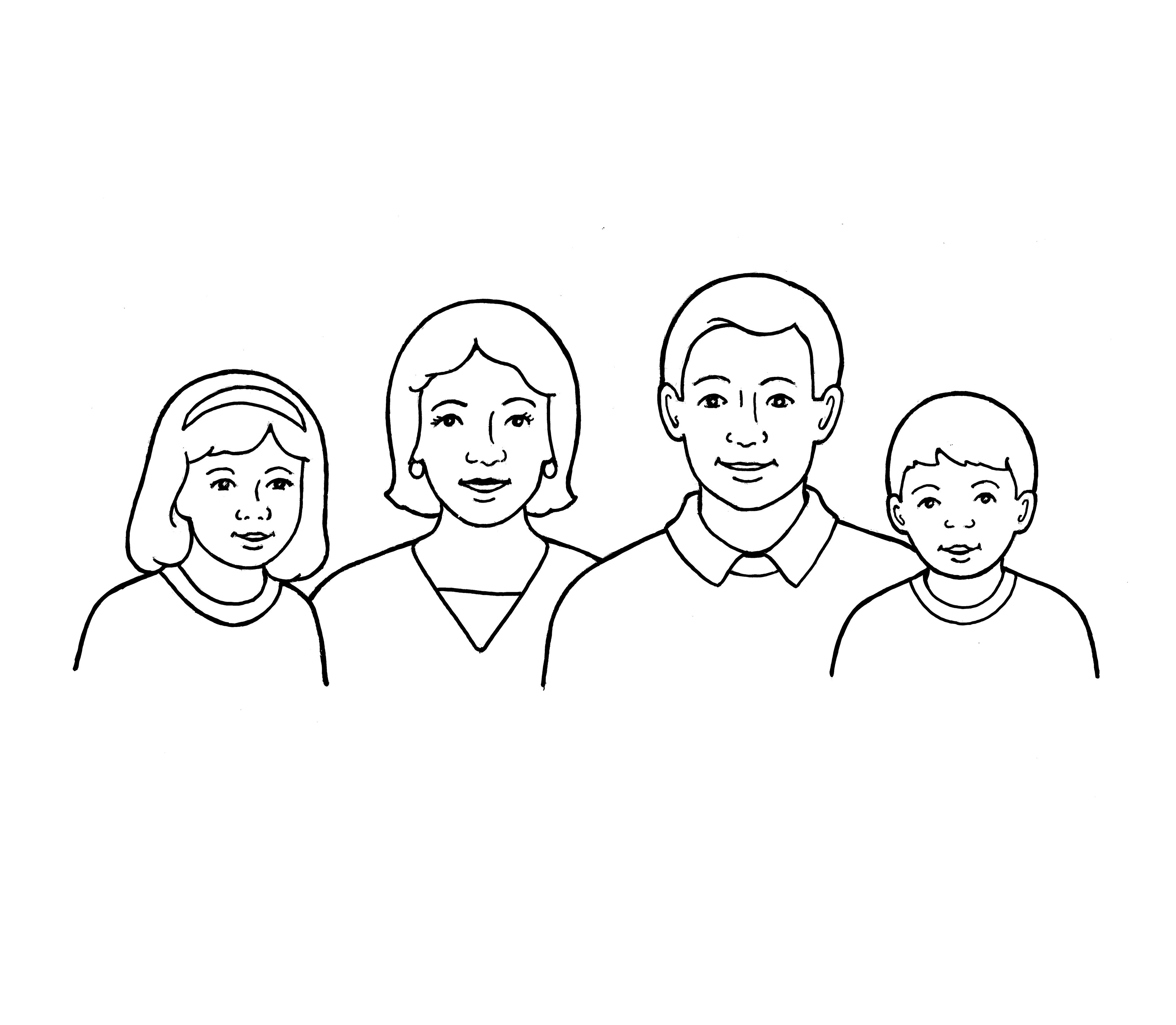 An illustration of a family of four, from the nursery manual Behold Your Little Ones (2008), pages 55 and 67.