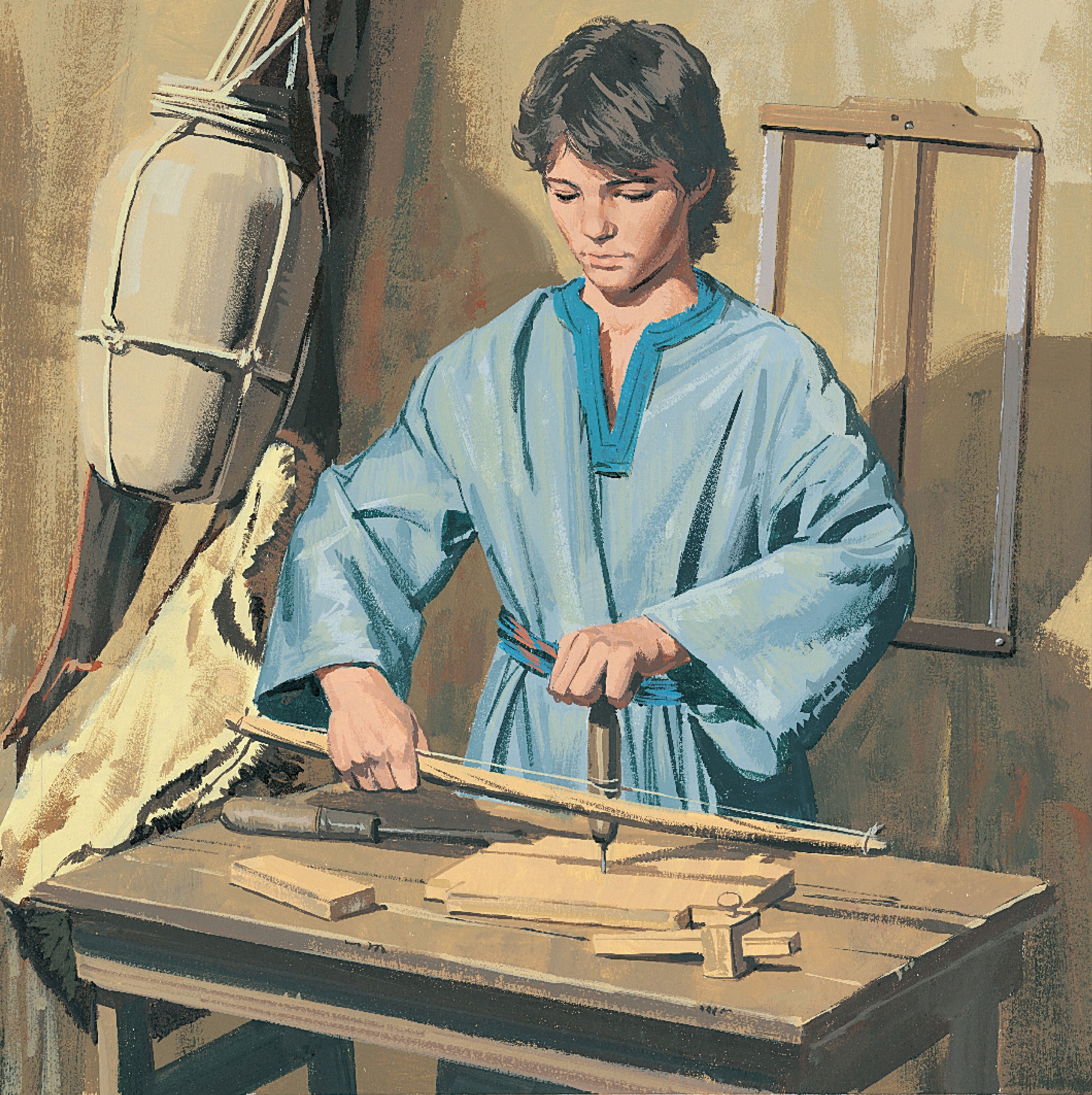 An illustration of Christ as He learns carpentry.