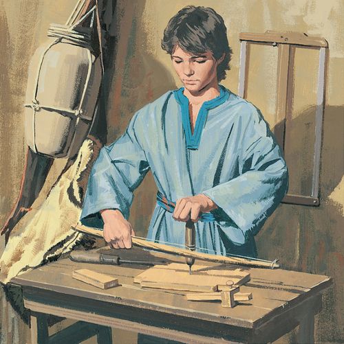 An illustration of a young Christ learning carpentry.