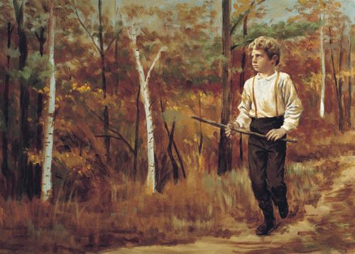 One oil painting of Jospeh Smith as a boy.  He wears long, dark trousers with suspenders, white shirt, and carries a stick.  Trees in the background.