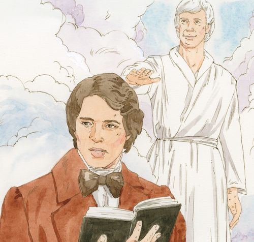 A missionary had an open book, and behind him are clouds and an angel reaching out to him. Chapter 29-9 (D&C 84:80-88)