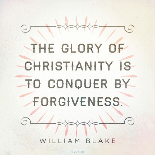 A simple graphic with a light pink and green design, combined with a quote by William Blake: “The glory of Christianity is to conquer by forgiveness.”