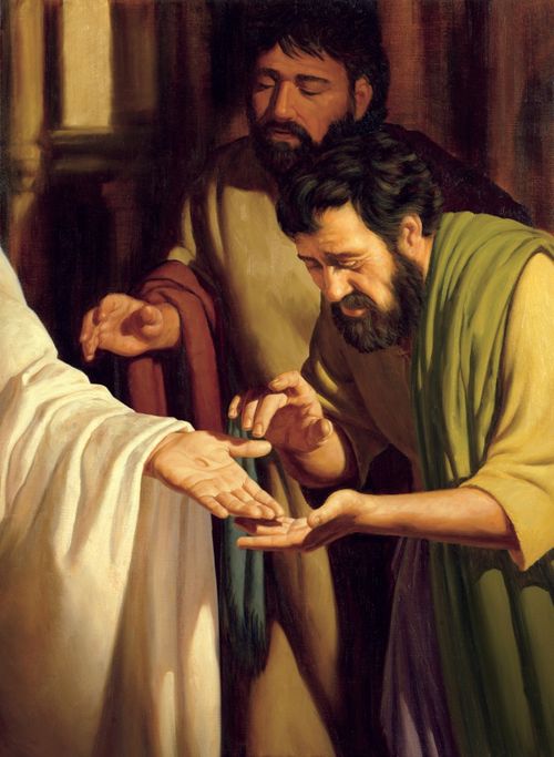 A painting showing two Apostles looking intently at the nail wound in the palm of one of Christ’s hands.