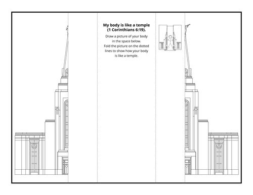 A black-and-white drawing of a temple, with space for children to draw a picture of their body.