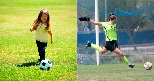 hulagway sa batang magdudula sa soccer tapad sa hulagway sa eksperyensiyadong magdudula sa soccer