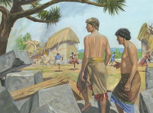A painting by Jerry Thompson depicting Alma and Amulek stepping over stones from the crumbled prison, with the people of Ammonihah running away.