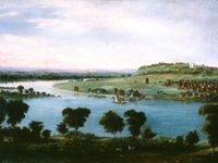 Blick auf Nauvoo vom anderen Ufer des Mississippis