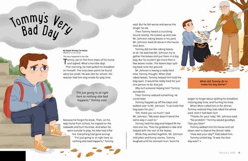 Story PDF with images of a boy looking sad, and then being happy helping his neighbor rake leaves