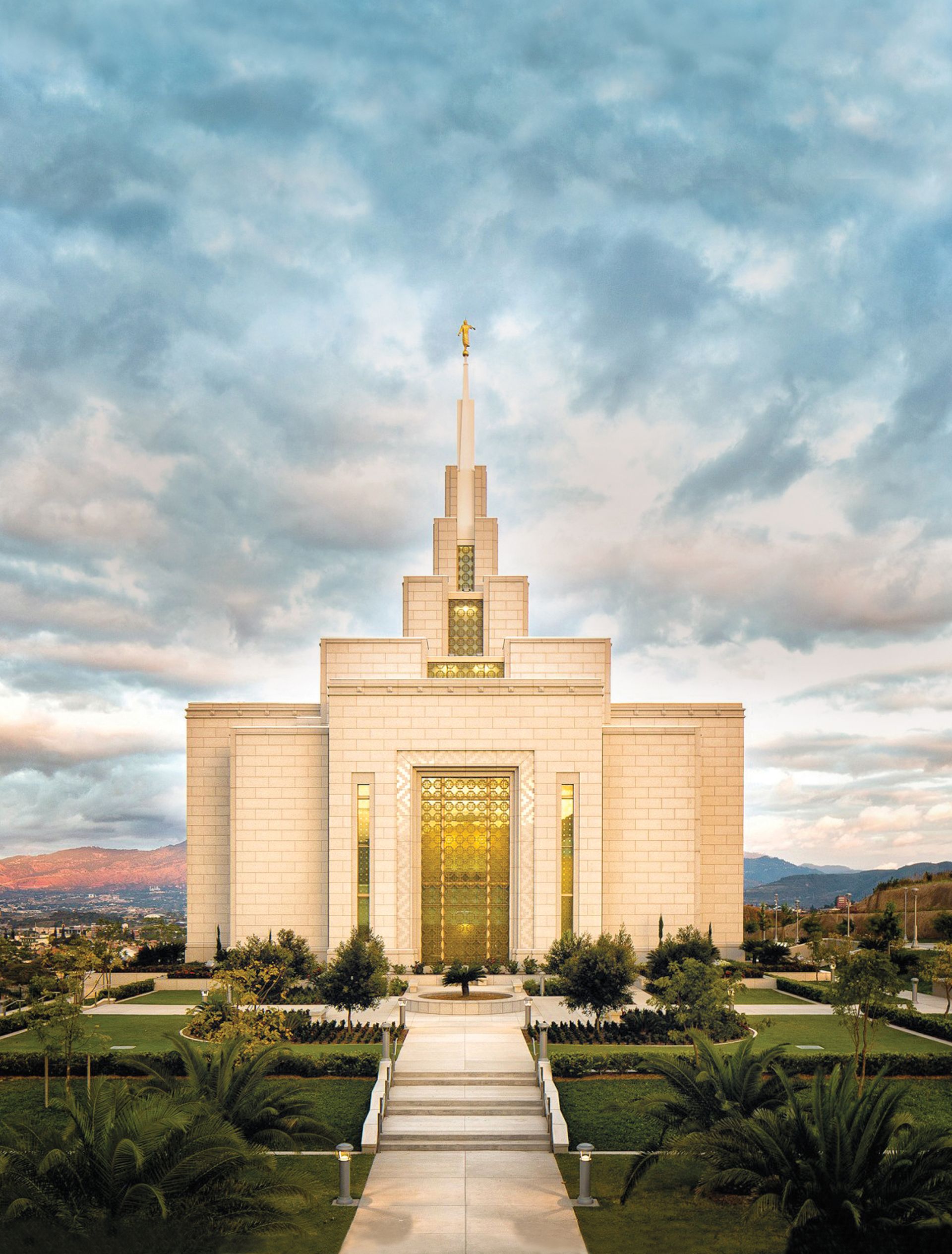 The Tegucigalpa Honduras Temple at sunset, including the entrance and scenery.