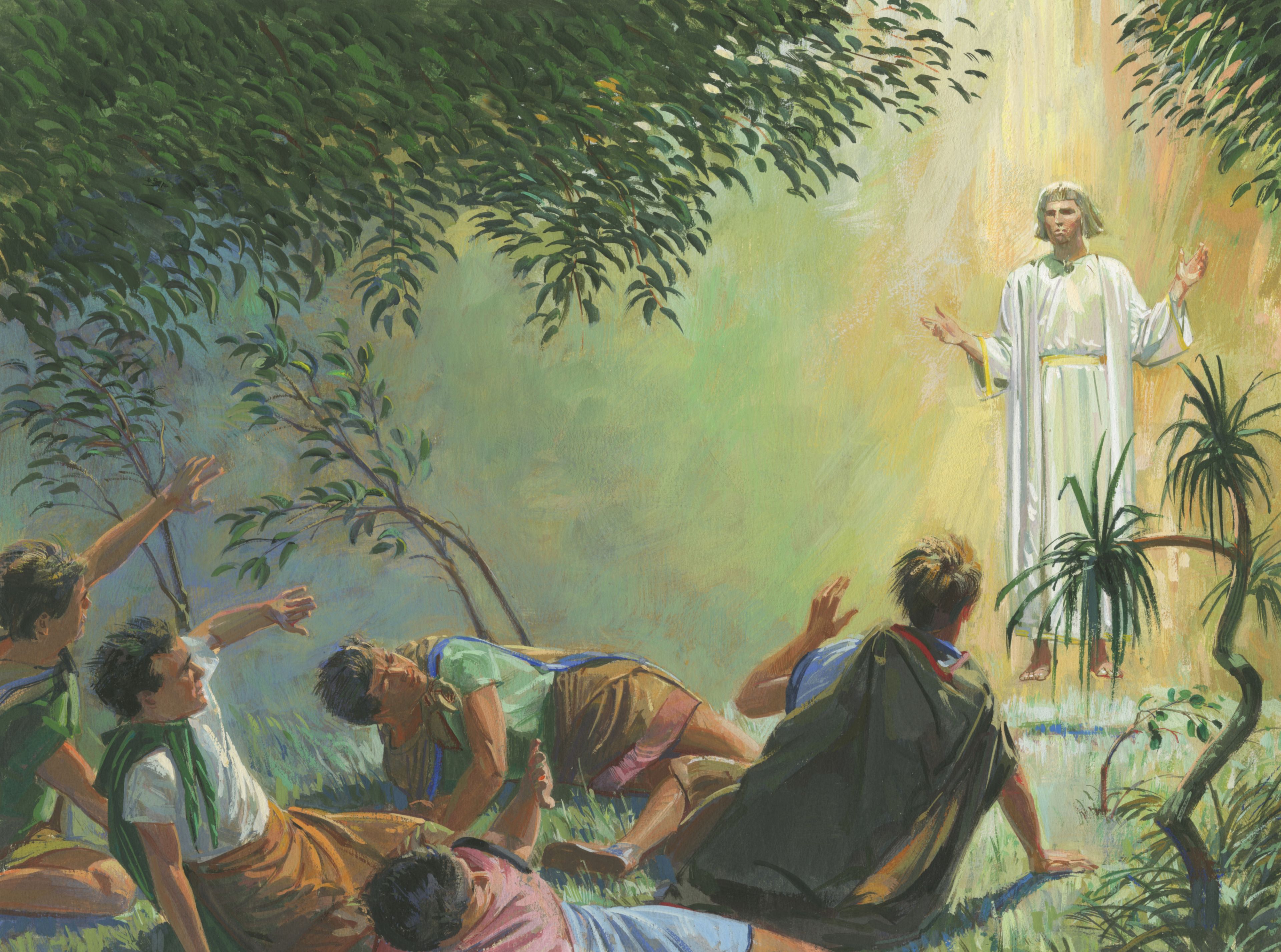 A painting by Jerry Thompson depicting an angel appearing to Alma and the sons of Mosiah; Primary manual 4-26