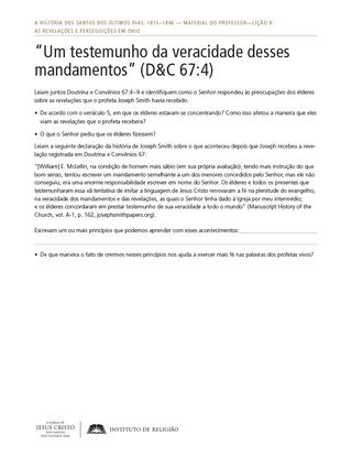 Material complementar: “Um testemunho da veracidade desses mandamentos” (D&C 67:4)