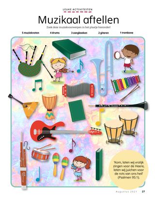 page with musical instruments scattered around