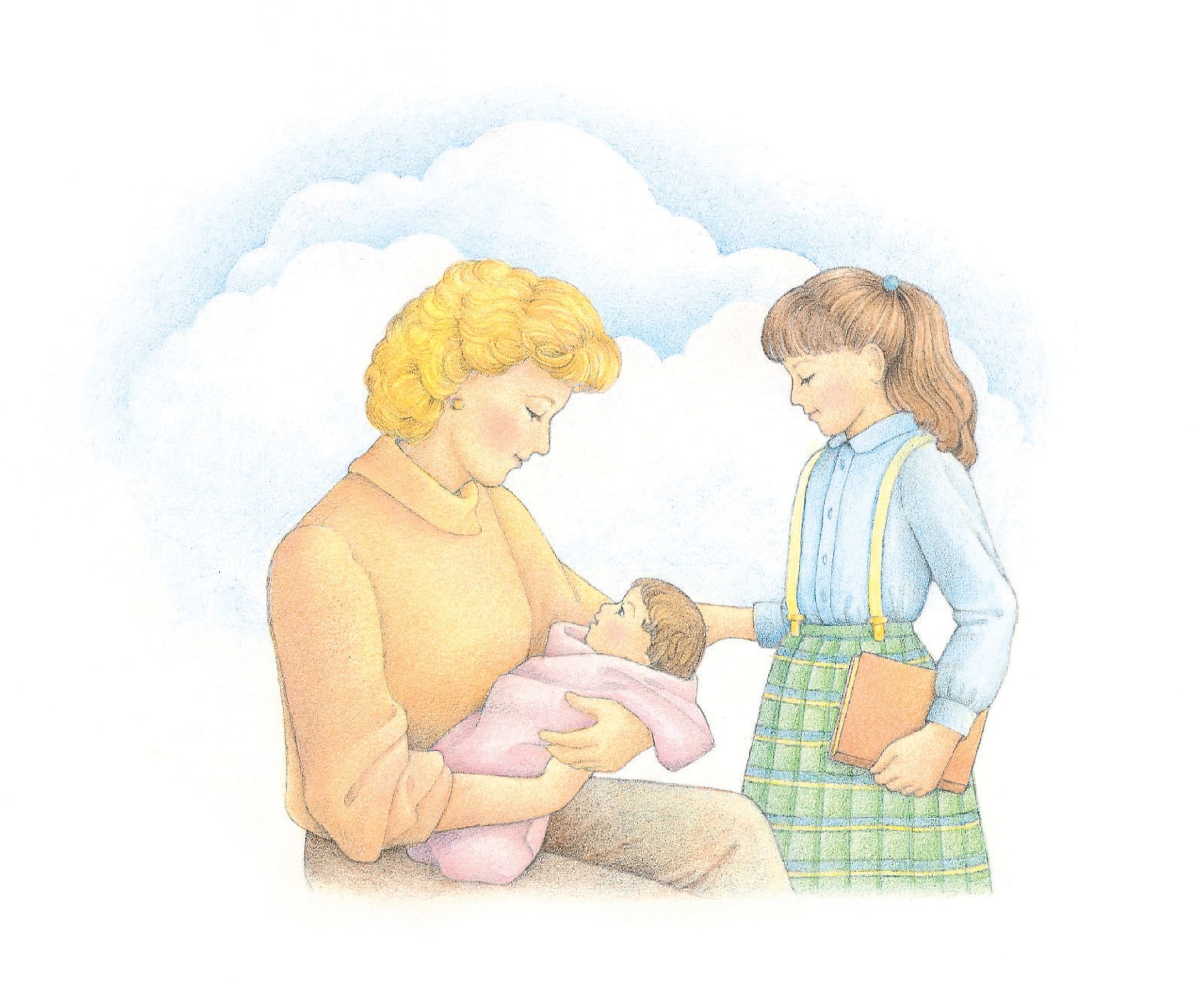 A woman holding her infant child while another child stands near. From the Children’s Songbook, page 164, “I Will Follow God’s Plan”; watercolor illustration by Beth Whittaker.
