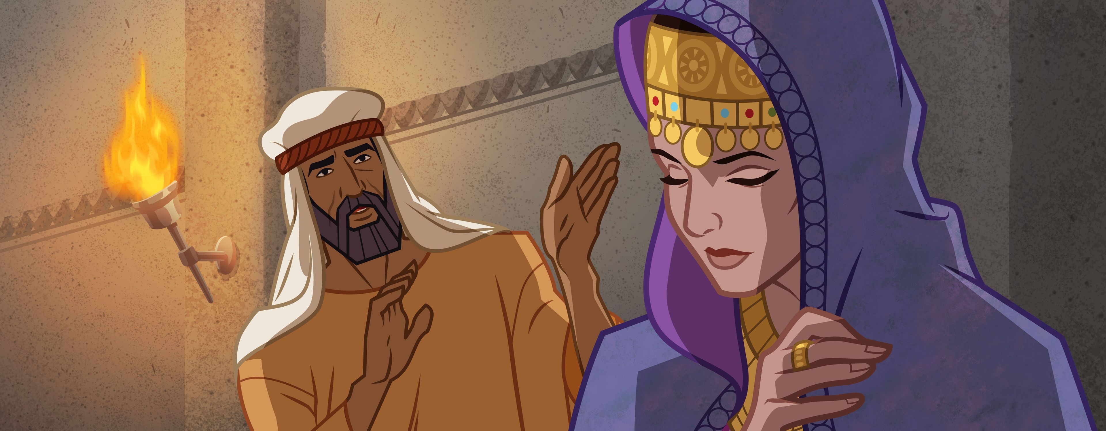 Ilustración de Mardoqueo hablando con Ester. 
Ester 4:5–11