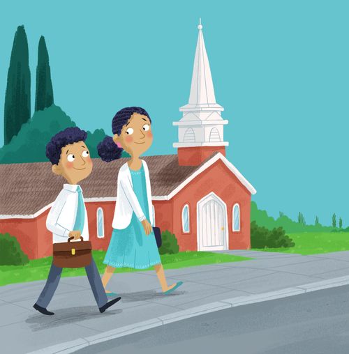 brother and sister walking to church