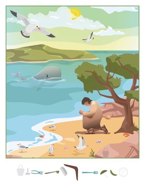 Illustration of Jonah kneeling down in prayer. A whale sits in the ocean and looks at him while a number of seagulls fly around him.