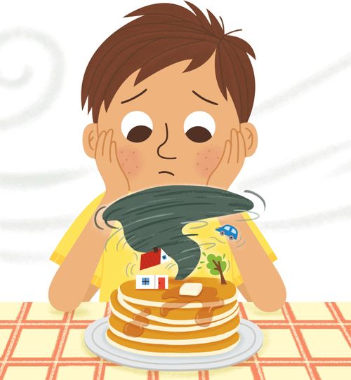 a boy looking at a stack of pancakes and imagining a tornado