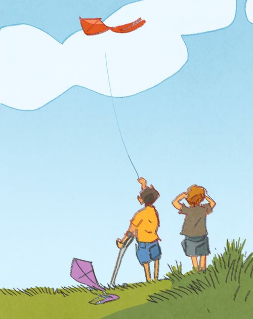 two boys flying kite together