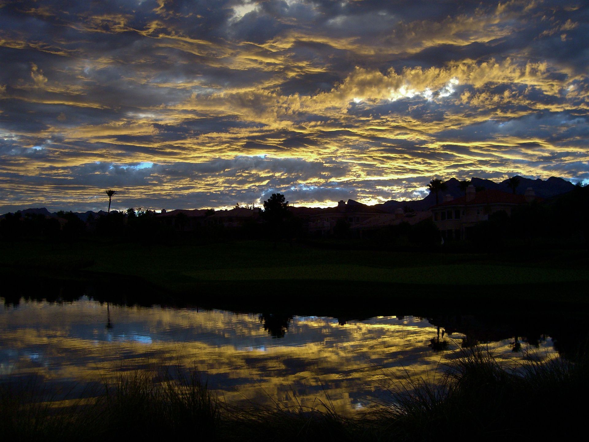Clouds in the sky are reflected in a pond just after the sunset.