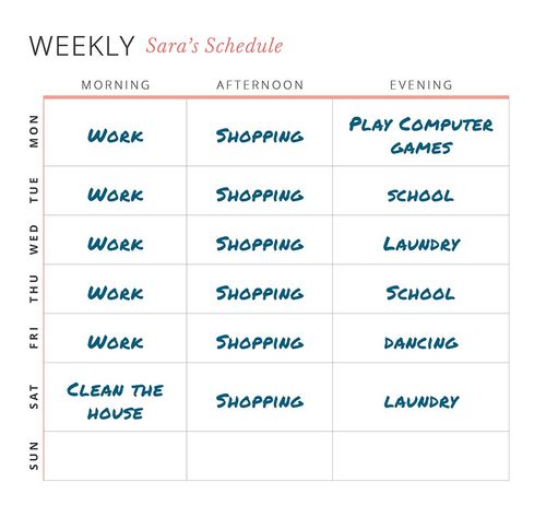 El horario semanal de Sara