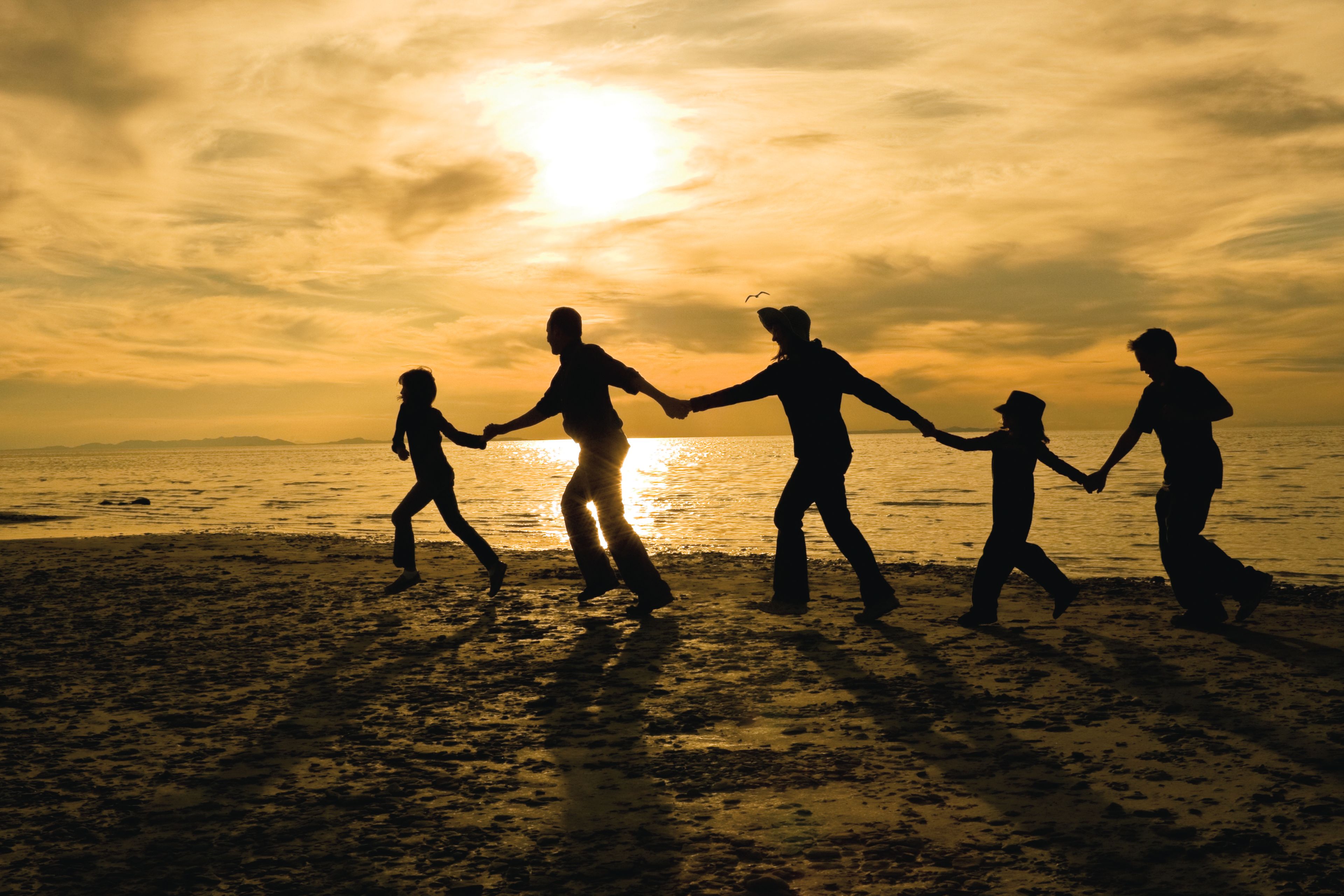 A silhouette of a family holding hands at the beach.