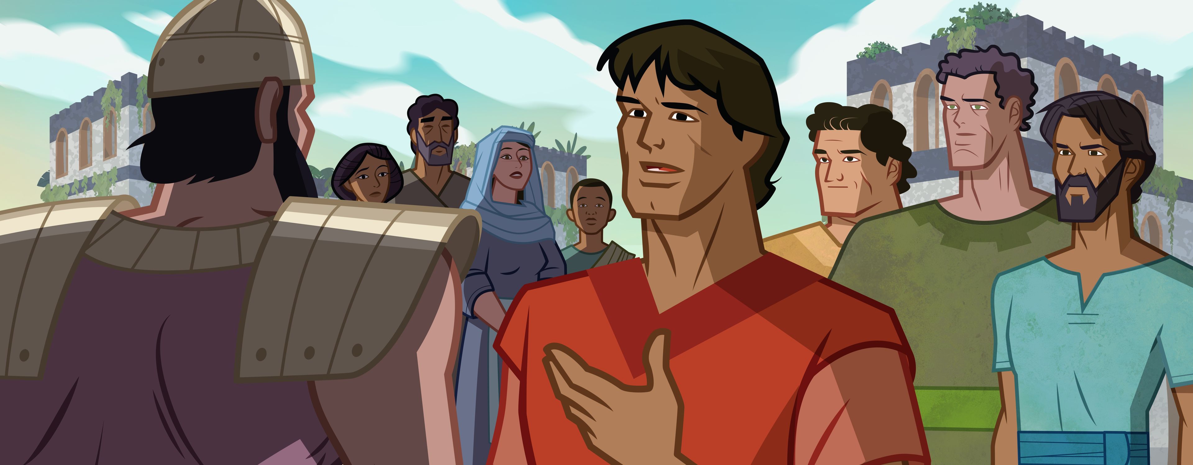 Illustration of Daniel talking to soldier. Daniel 2:14–18