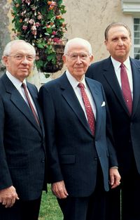 President Ezra Taft Benson with his counselors Gordon B. Hinckely and Thomas S. Monson.