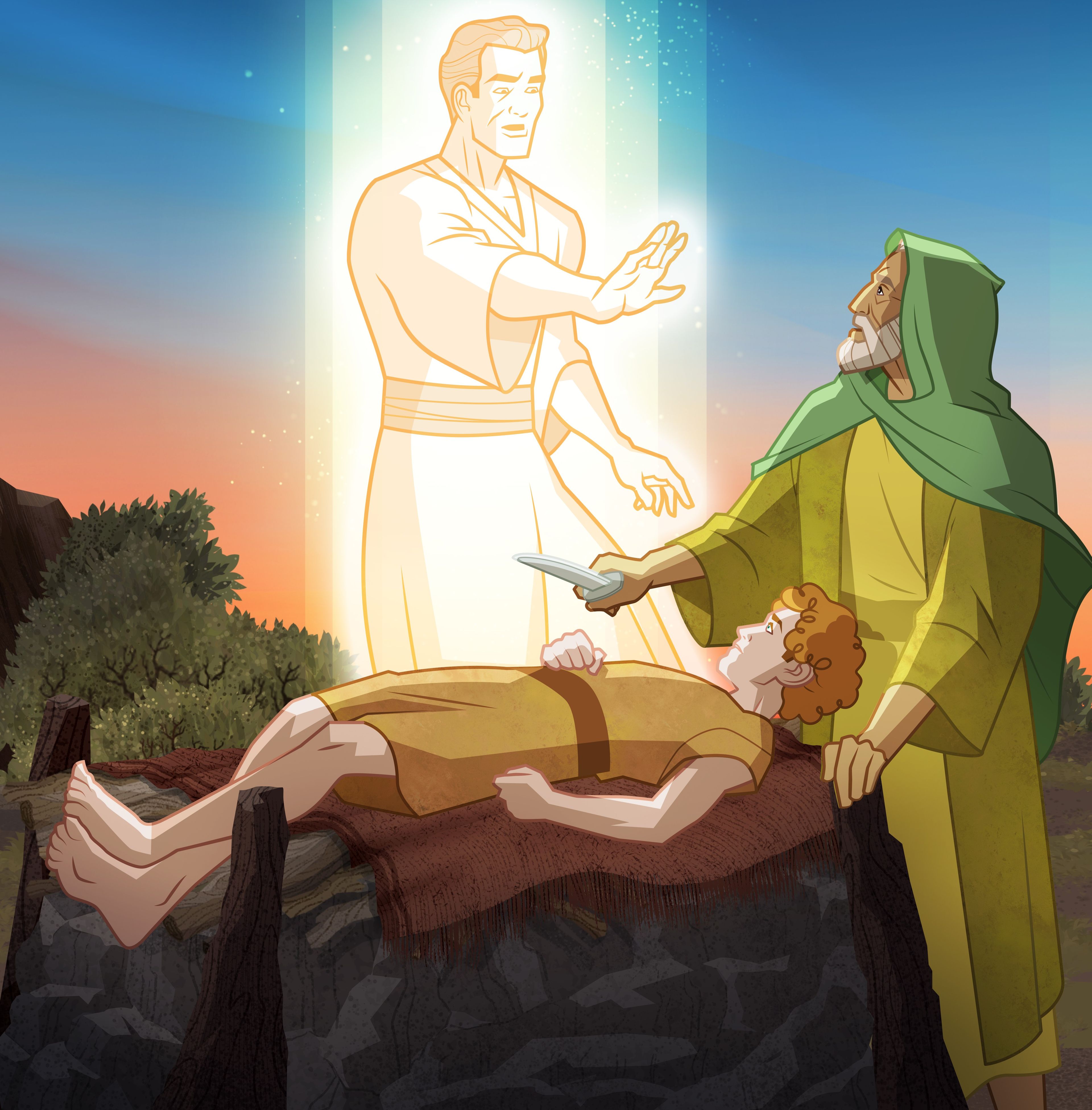 Ilustración de un ángel que se aparece a Abraham e Isaac. 
Génesis 22:10–12