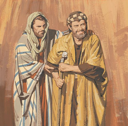 Sermon on the Mount - Jesus teaches the people to treat others as they would want to be treated - a man is depicted helping a lame man walk - ch.20-9