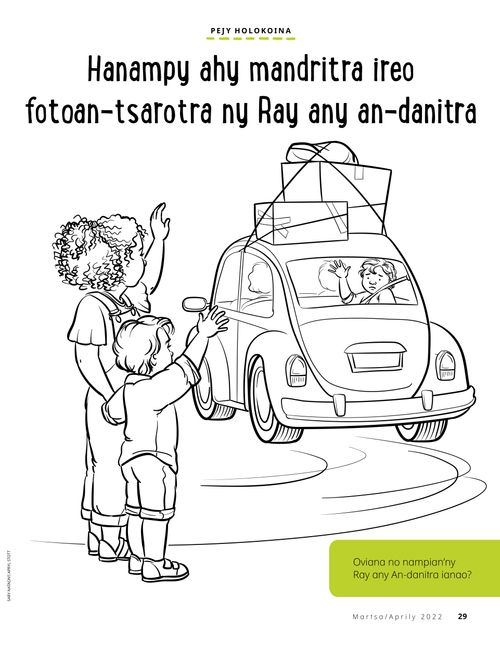 coloring page of boy waving while friend drives away