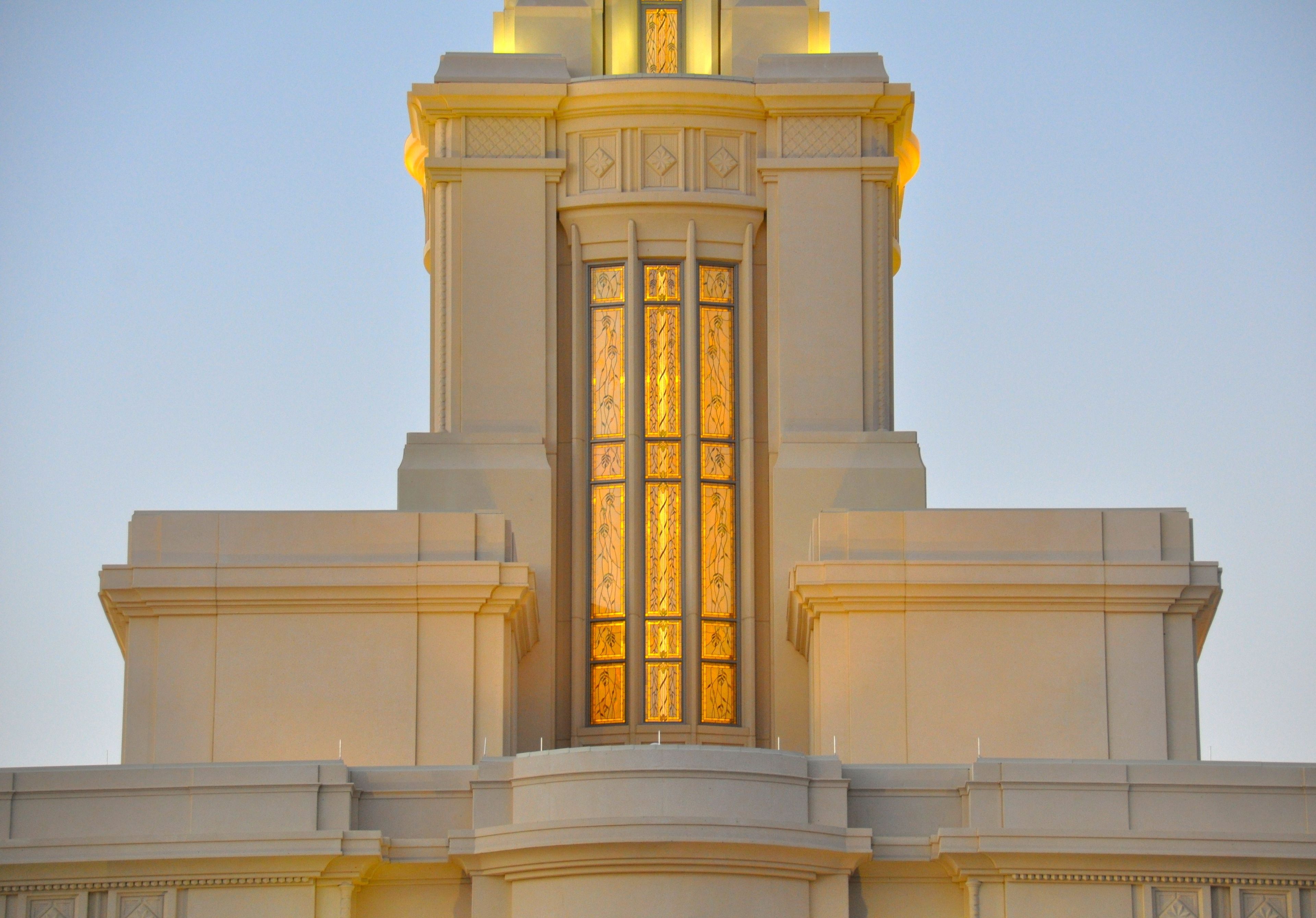 A view of a window on the spire of the Payson Utah Temple.