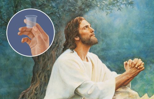 Jesus in Gethsemane, with inset illustration of hand holding sacrament cup