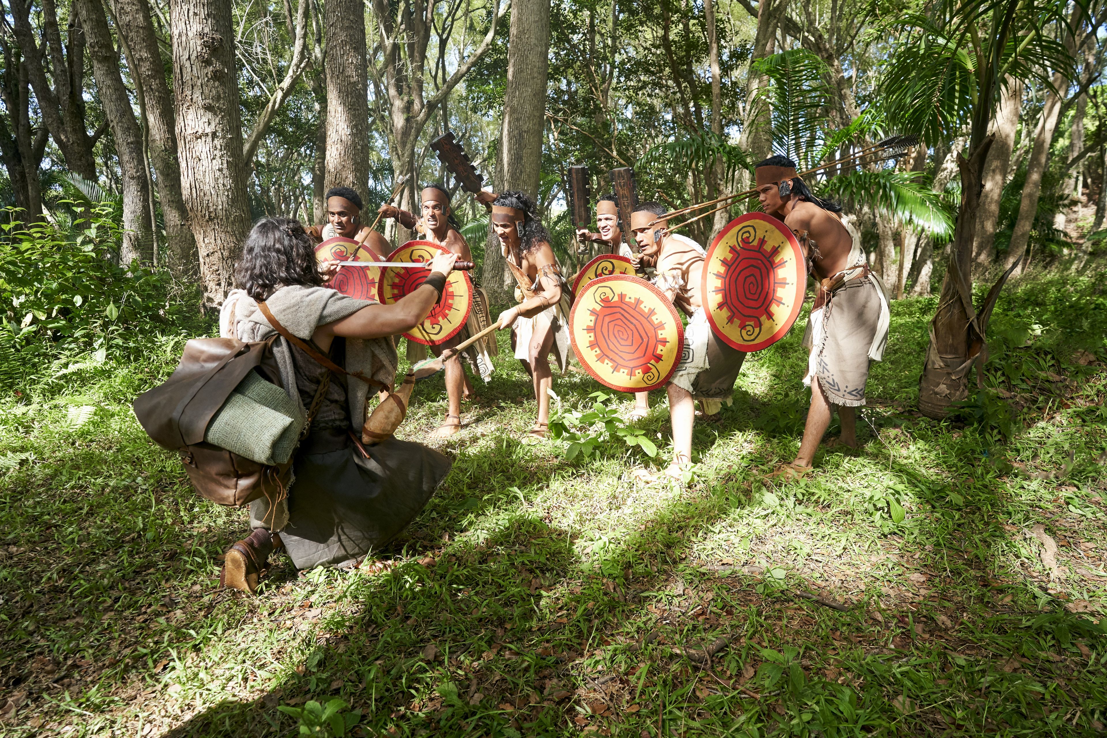 Lamanite warriors confront Ammon, son of Mosiah, as he enters the land of Ishmael.