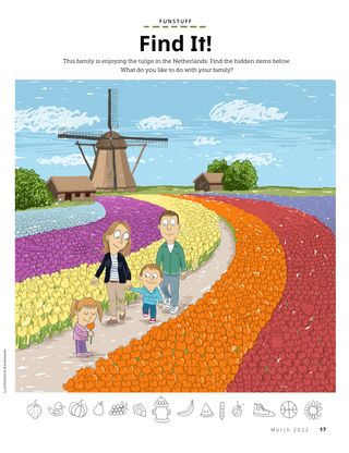 hidden picture of family walking through tulip field