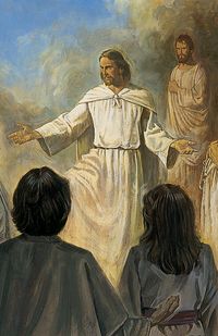 Jesus Christ in the pre-mortal life. Christ is depicted wearing white robes. He is teaching people who are gathered around Him.