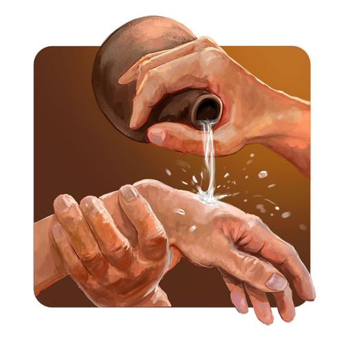 Flüssigkeit wird auf eine Hand gegossen